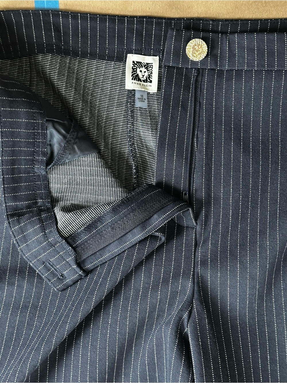 Anne Klein Navy Pinstripe Trousers with Gold Button